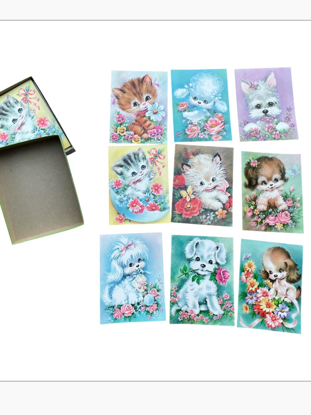 Vgt Sunshine Card Kitten Puppy greeting cards Set of 18 Flowers Kitsch w/ Box